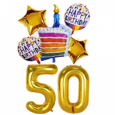 Baloane Cifre - Set 7 baloane folie aniversare 50 ani cu heliu, folie figurina Tort, zi de nastere, 2 baloane folie rotunde Happy Birthday, 2 stelute aurii si cifre folie aurii