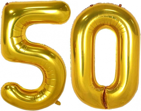 Set 7 baloane folie aniversare 50 ani cu heliu, folie figurina Tort, zi de nastere, 2 baloane folie rotunde Happy Birthday, 2 stelute aurii si cifre folie aurii [4]