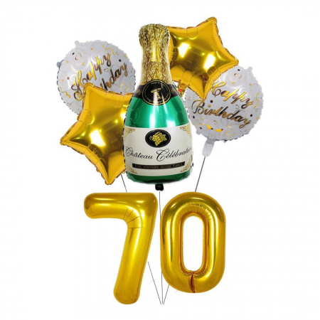 Buchete Baloane Folie - Set 7 baloane folie aniversare 70 ani, figurina sticla de sampanie 90cm si baloane cifre folie aurii