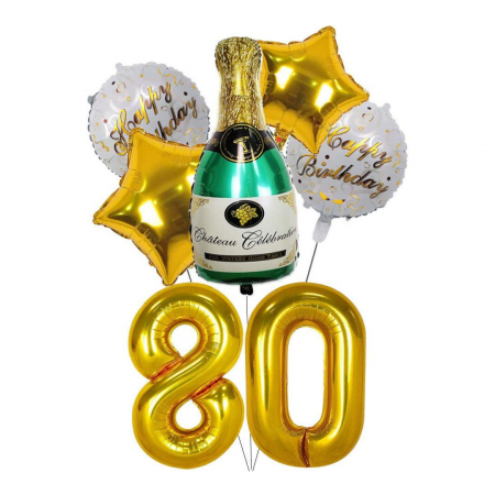 Buchete Baloane Folie - Set 7 baloane folie aniversare 80 ani, figurina sticla de sampanie 90cm si baloane cifre folie aurii