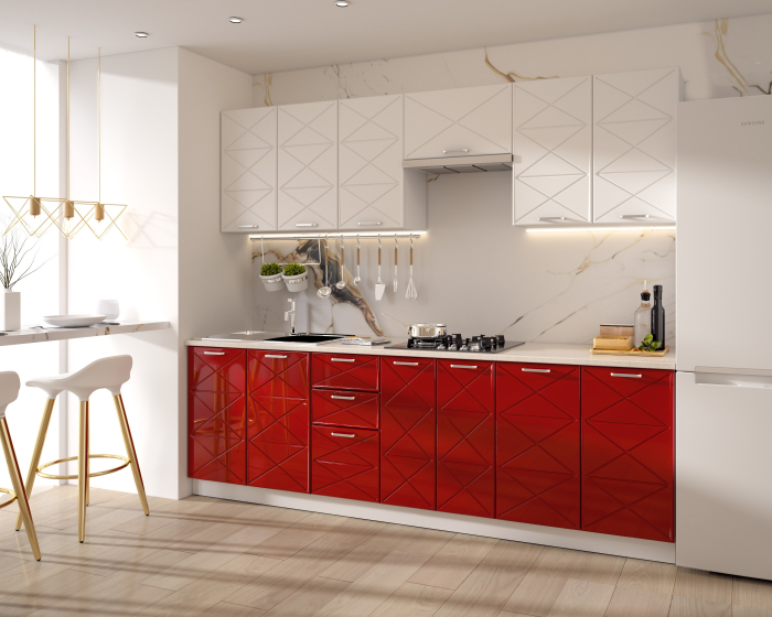 Bucatarie Boston Mdf Alb Rosu 260x60x200 cm [3]