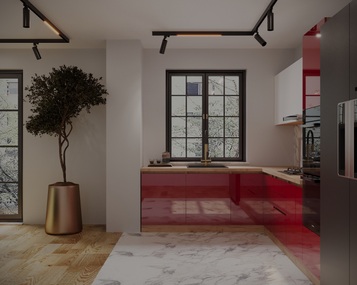 Bucătărie Chelsea Colț V2 Alb Roșu Stejar K003 221/300x60x200 cm [2]