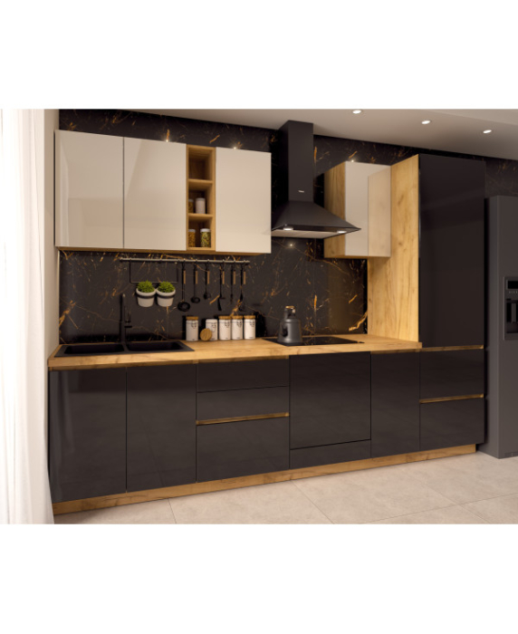 Bucatarie Chelsea, Stejar K003 - Alb/Negru, 300x60x215cm [5]