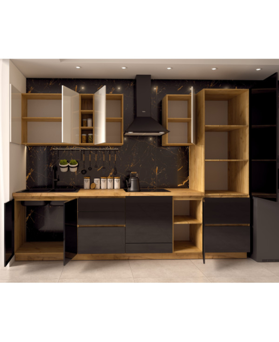 Bucatarie Chelsea, Stejar K003 - Alb/Negru, 300x60x215cm [7]