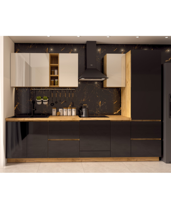 Bucatarie Chelsea, Stejar K003 - Alb/Negru, 300x60x215cm [9]