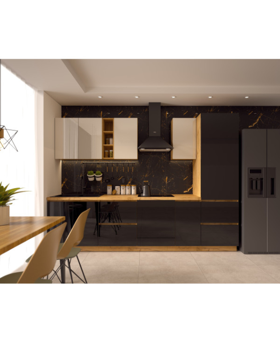 Bucatarie Chelsea, Stejar K003 - Alb/Negru, 300x60x215cm [2]