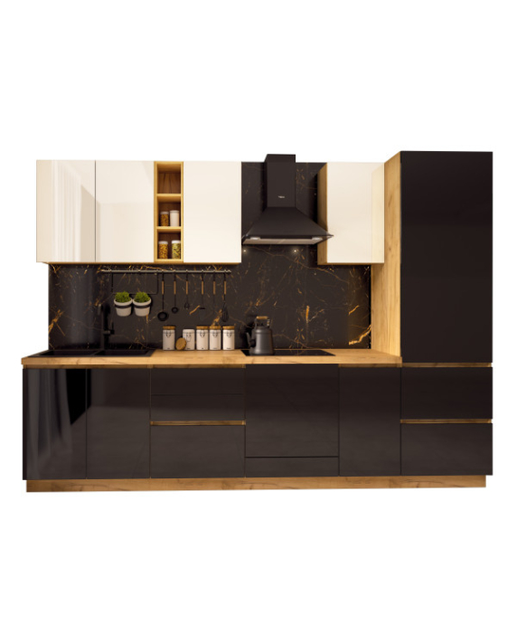 Bucatarie Chelsea, Stejar K003 - Alb/Negru, 300x60x215cm [8]