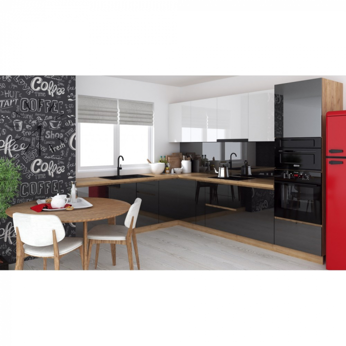 Bucatarie colt Chelsea V2, 221 300x60x200 cm, Alb Antracit  Stejar K003
