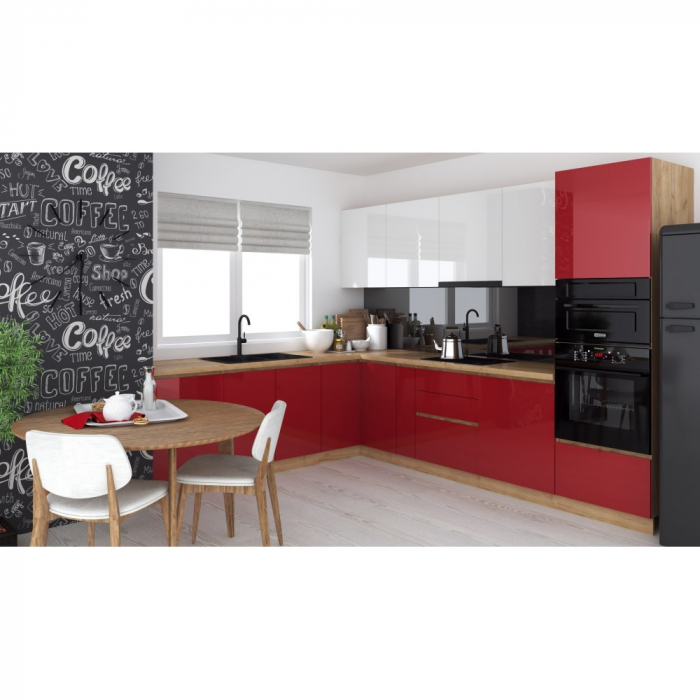 Bucatarie colt Chelsea V2, 221 300x60x200 cm, Alb Rosu  Stejar K003