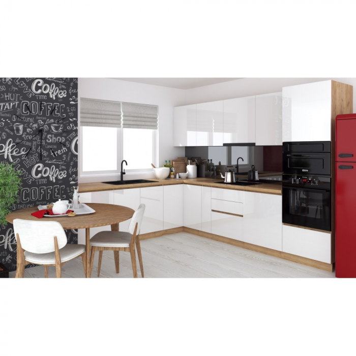 Bucatarie colt Chelsea V2, 221 300x60x200 cm, Alb Stejar K003