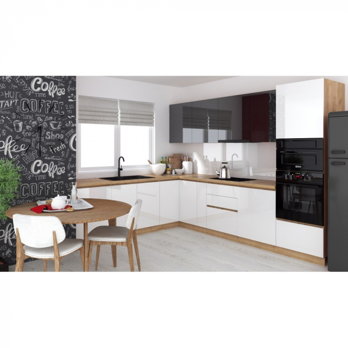 Bucatarie colt Chelsea V2 ,221 300x60x200 cm, Gri antracit , Alb  Stejar K003