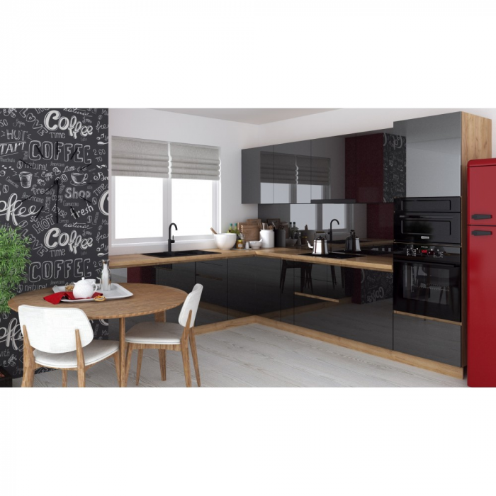 Bucatarie colt Chelsea V2, 221 300x60x200 cm, Gri antracit  Stejar K003