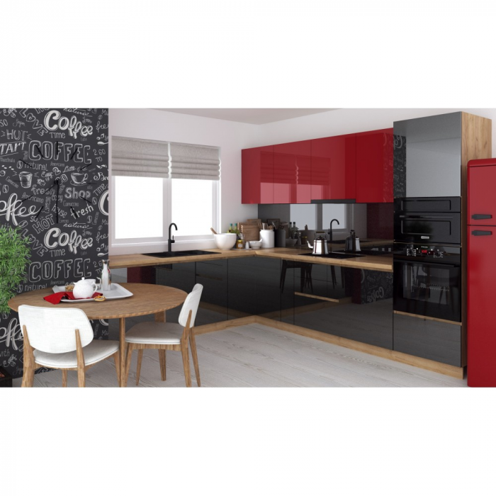 Bucatarie colt Chelsea V2, 221 300x60x200 cm, Rosu, Antracit  Stejar K003