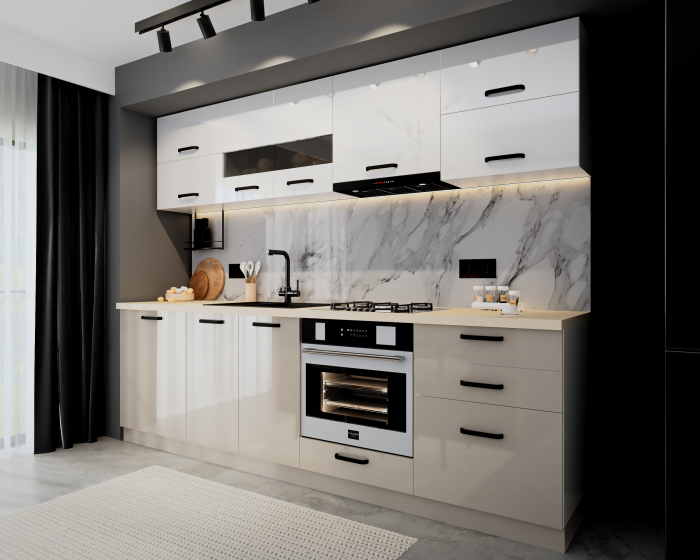 Bucatarie Daria MDF, V1 260x60x200cm, Alb+Cappuccino [3]