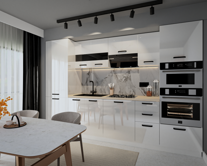 Bucatarie Daria, MDF Alb Lucios, 300x60x200cm