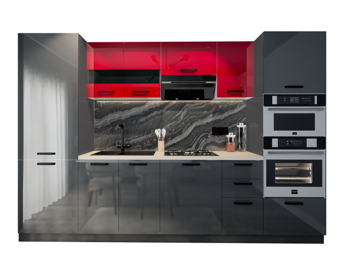 Bucatarie Daria, MDF Rosu+Gri antracit, 303x60x200cm [4]