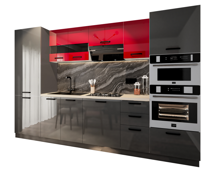 Bucatarie Daria, MDF Rosu+Gri antracit, 303x60x200cm [3]