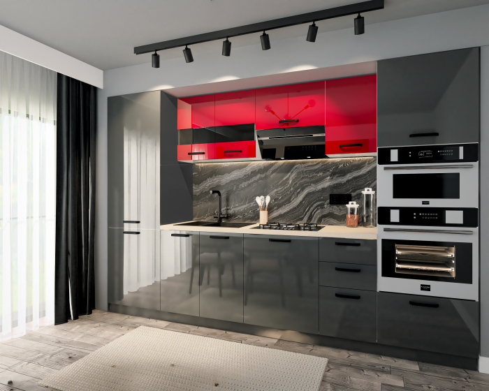 Bucatarie Daria, MDF Rosu+Gri antracit, 303x60x200cm [2]