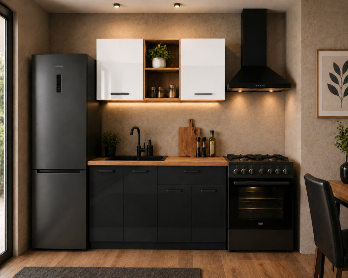 Bucatarie Daria MDF V1, 120x60x200cm, Alb lucios+Antracit [3]