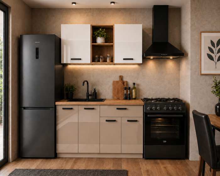 Bucatarie Daria MDF V1, 120x60x200cm, Alb lucios+Cappuccino [3]