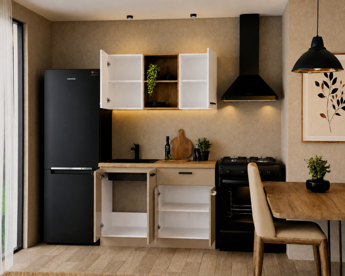 Bucatarie Daria MDF V1, 120x60x200cm, Alb lucios+Cappuccino [2]