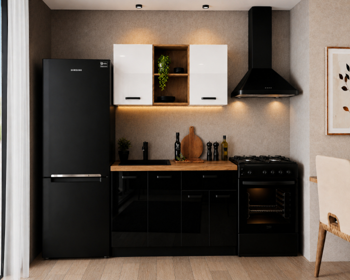 Bucatarie Daria MDF V1, 120x60x200cm, Alb lucios+Negru [3]