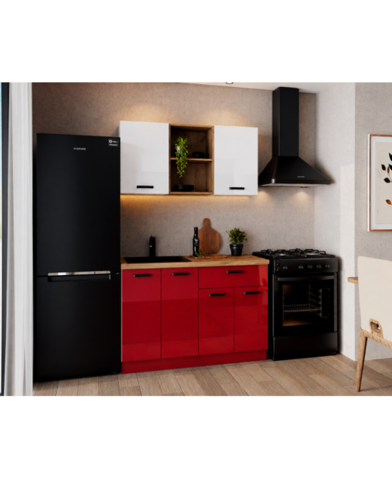 Bucatarie Daria MDF V1, 120x60x200cm, Alb lucios+Rosu [2]