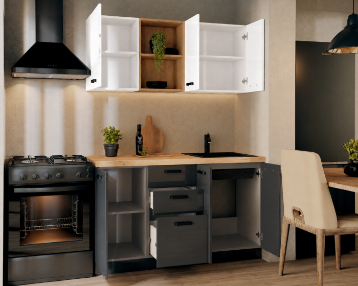 Bucatarie Daria MDF V1, 140x60x200cm, Acril Alb+Antracit [3]