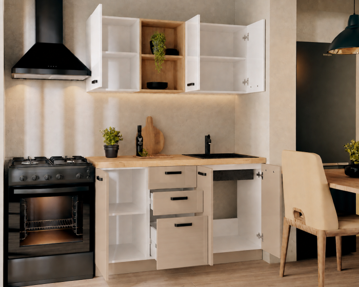 Bucatarie Daria MDF V1, 140x60x200cm, Acril Alb+Cappuccino [3]