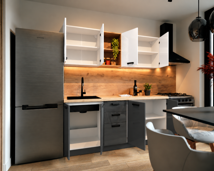 Bucatarie Daria MDF V1, 180x60x200cm, Acril Alb+Antracit [3]