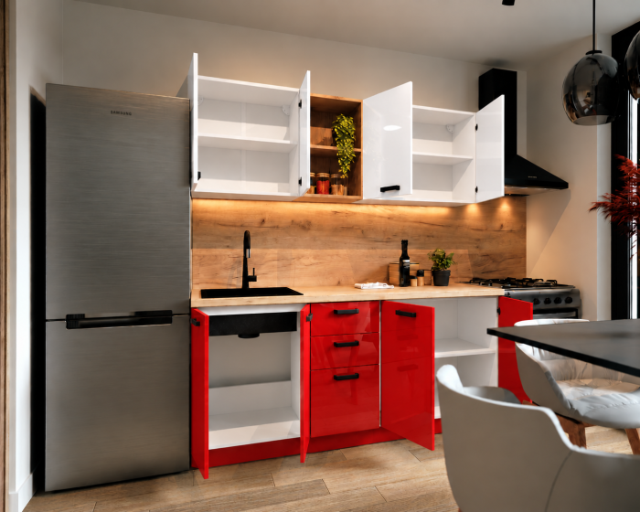Bucatarie Daria MDF V1, 180x60x200cm, Acril Alb+Rosu [3]