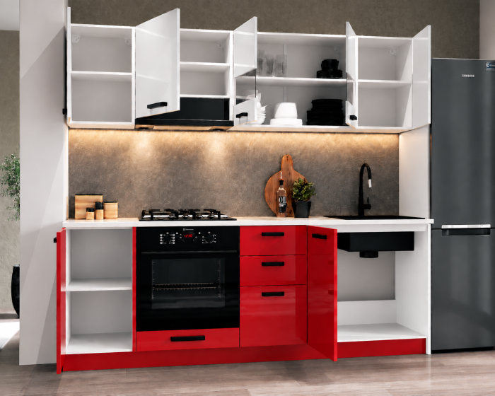 Bucatarie Daria MDF V1, 220x60x200cm, Acril Alb+Rosu [3]