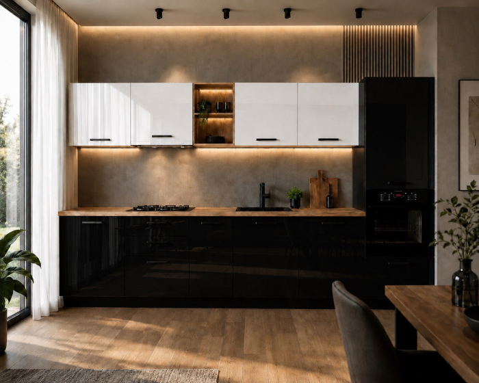 Bucatarie Daria MDF V1 Alb lucios /Negru 340x60x200cm [3]