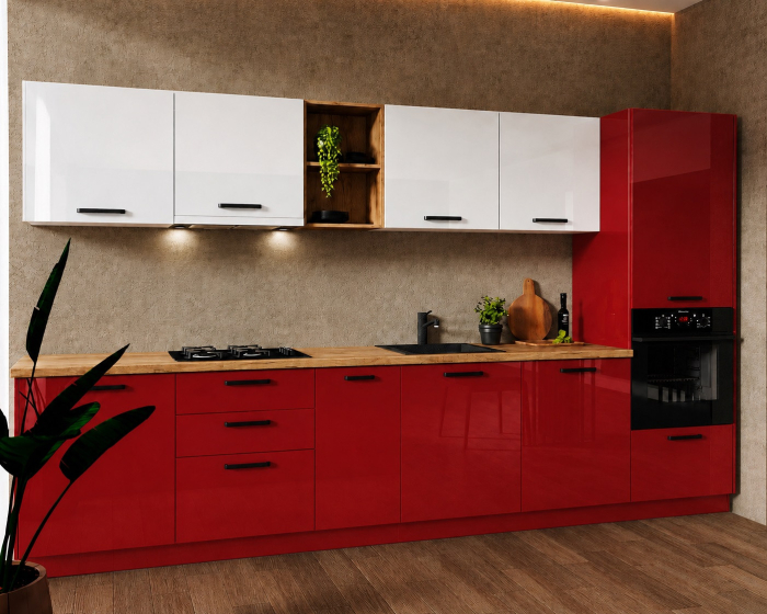 Bucatarie Daria MDF V1 Alb lucios/Rosu 340x60x200cm [3]