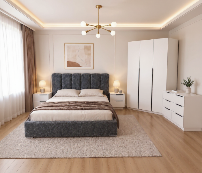 Dormitor Prestige 3 Usi cu pat tapitat  Acril Alb [2]