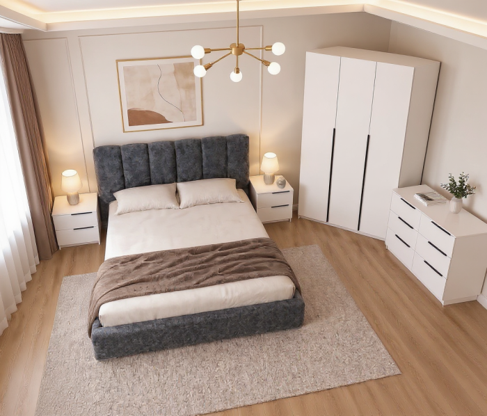 Dormitor Prestige 3 Usi cu pat tapitat  Acril Alb [3]