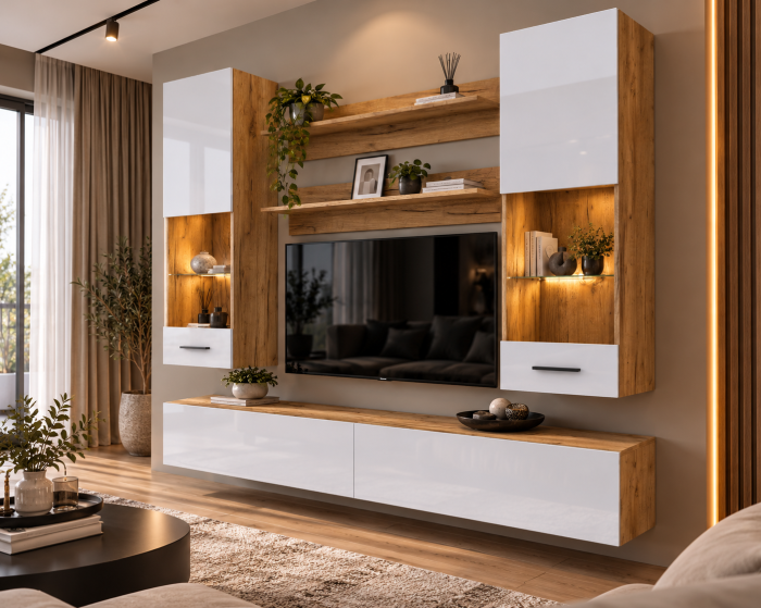 Living MP5 Stejar K003 + Acril alb, Negru, Cappuccino K003+ALB [3]