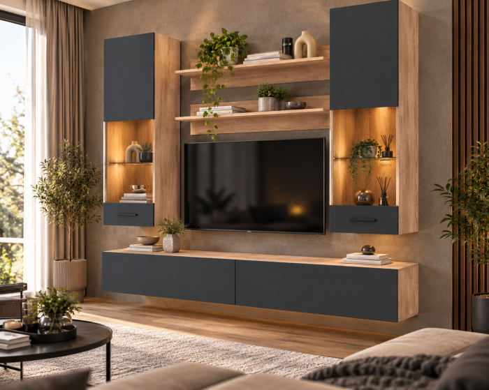 Living MP5 Stejar Sonoma+Alb mat, antracit, gri ciment Sonoma+Antracit [4]
