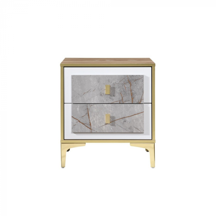 Noptiera Nero cu 2 sertare, culoare Marmura + Aur, 50x41x57cm [4]