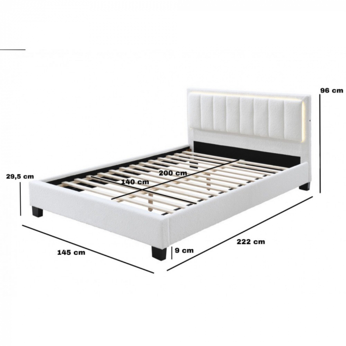 Pat tapitat Comfort 1 cu LED, 140x200, cadru din lemn cu somiera fixa, culoare Crem [3]