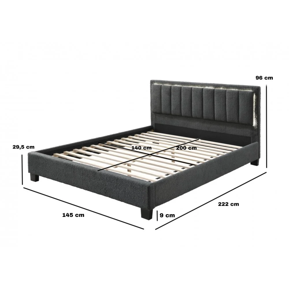 Pat tapitat Comfort 1 cu LED, 140x200, cadru din lemn cu somiera fixa, culoare Gri [5]