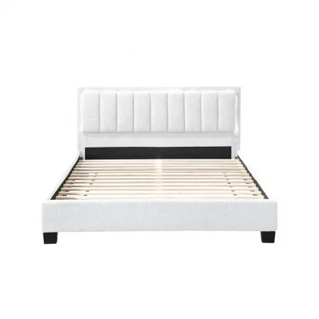 Pat tapitat Comfort 1 cu LED, 160x200, cadru din lemn cu somiera fixa, culoare Crem [5]