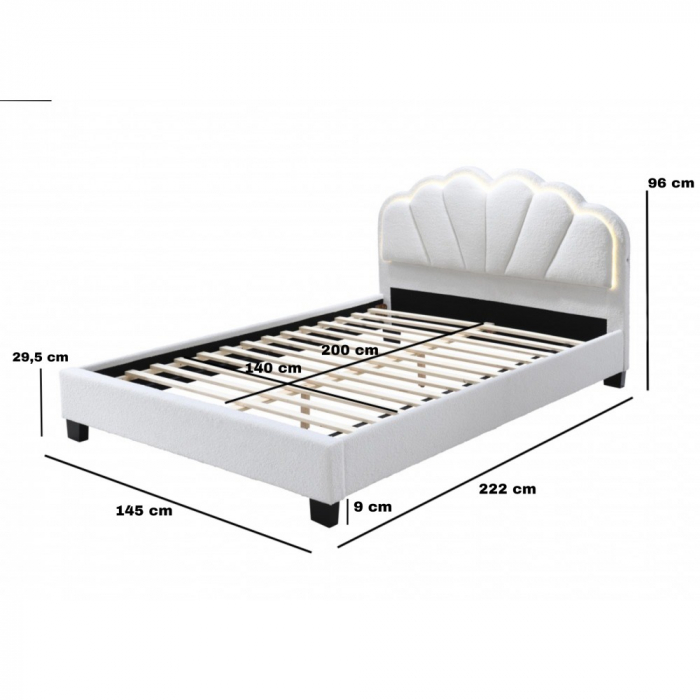 Pat tapitat Comfort 2 cu LED, 140x200, cadru din lemn cu somiera fixa, culoare Crem [3]