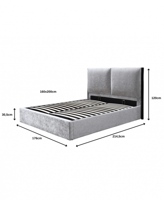 Pat tapitat Nordic, 160x200, cu somiera metalica rabatabila si spatiu de depozitare, culoare Gri [9]