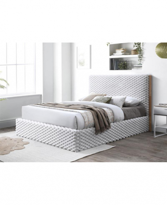 Pat tapitat Nordic cu stofa bucla, 160x200, cu somiera metalica rabatabila si spatiu de depozitare, culoare Bej [3]