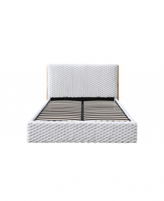 Pat tapitat Nordic cu stofa bucla, 160x200, cu somiera metalica rabatabila si spatiu de depozitare, culoare Bej [5]