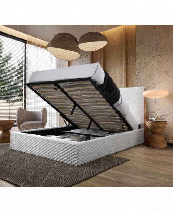 Pat tapitat Nordic cu stofa bucla, 160x200, cu somiera metalica rabatabila si spatiu de depozitare, culoare Bej [2]