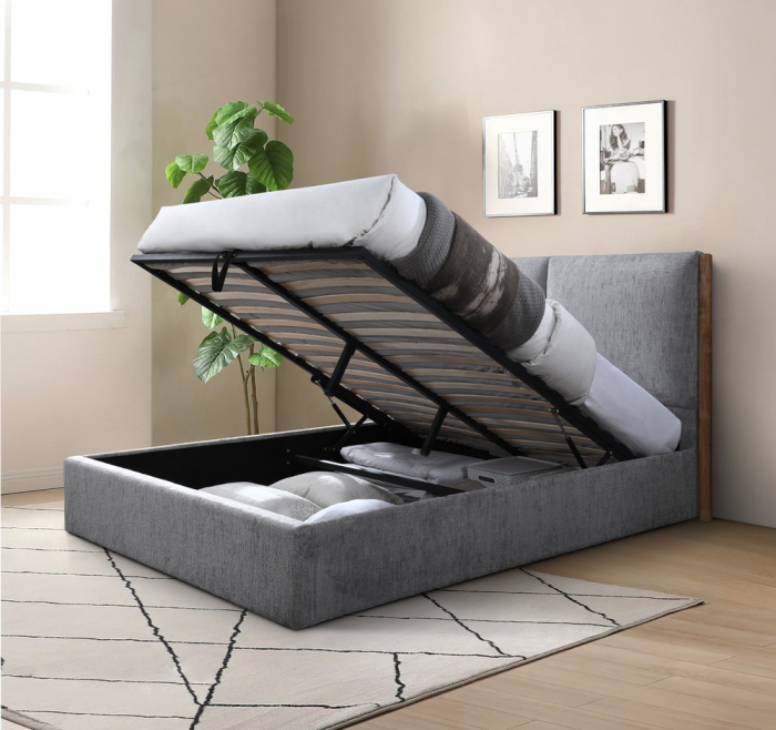 Pat tapitat Nordic Gri cu somiera metalica rabatabila si spatiu de depozitare 160x200 [2]