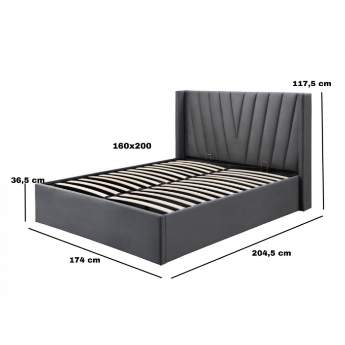 Pat tapitat Prestige 2, 160x200, cu somiera metalica rabatabila si spatiu de depozitare, culoare Gri [7]