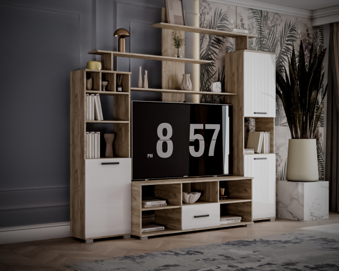 Set Living Geo , 247x45x210 cm, Stejar k002 /Acril Alb [4]